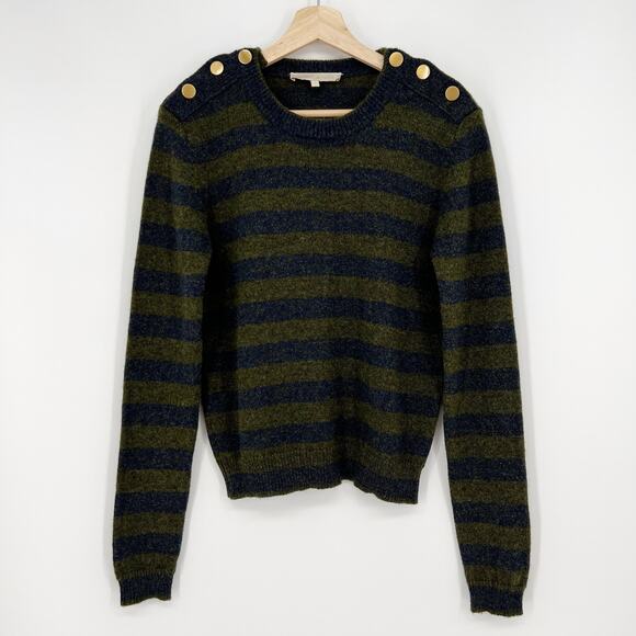 Vanessa Bruno Wool Sweater Small Green Blue Striped Crew Neck Gold Buttons Italy - Picture 1 of 7